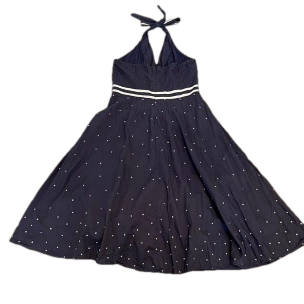 GUESS Retro Halter Midi Dress Navy Cotton With Cream Crochet and Embroidery Trim - Picture 4 of 12